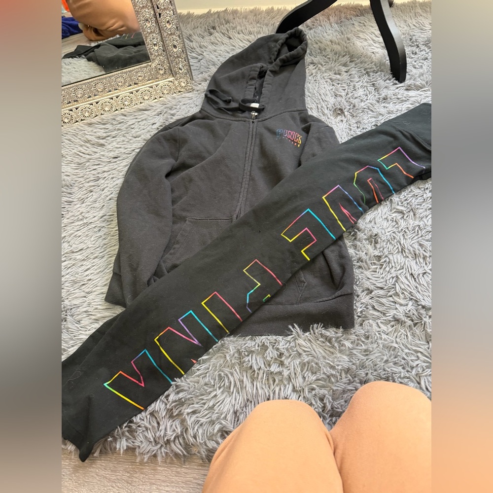 ⭐️VS PINK Black Hoodie and Leggings Set with Colorful Lettering‎